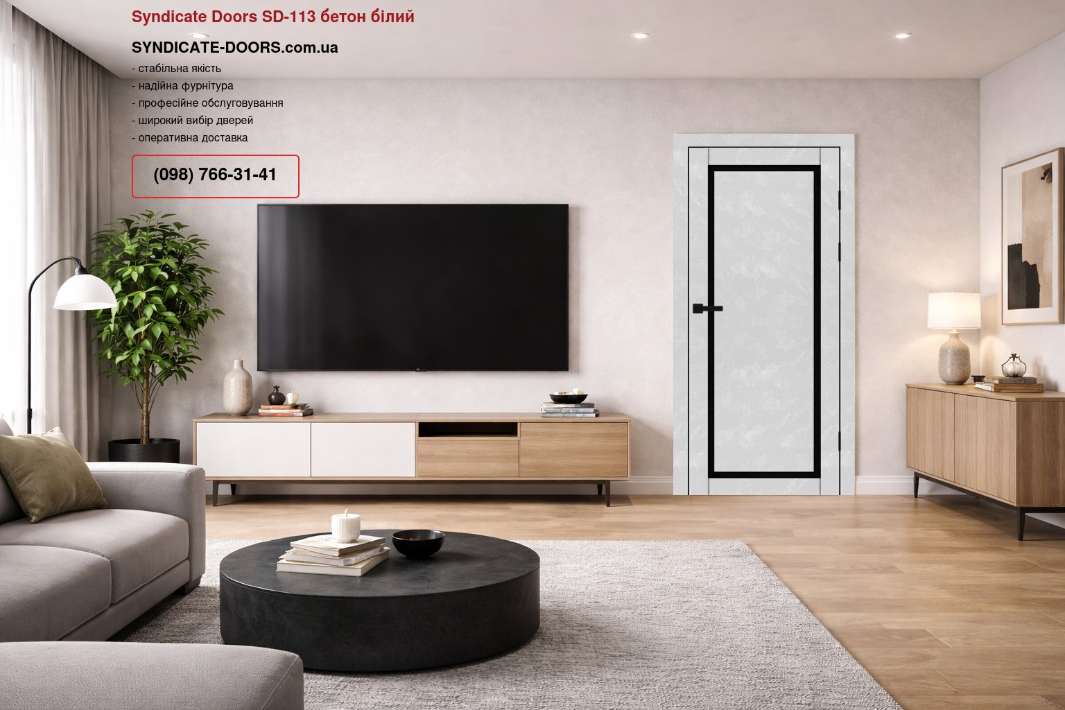 Двері Syndicate Doors SD-113 бетон білий скло чорне