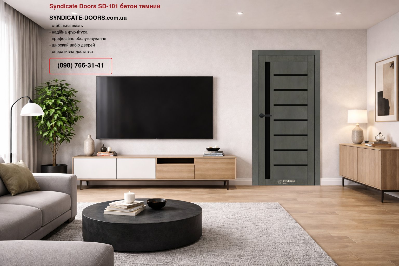 Двері Syndicate Doors SD-101 бетон темний скло чорне